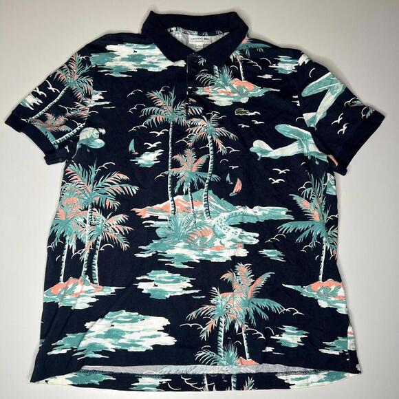 Lacoste Regular Fit Polo Shirt XXL (Fits XL) Navy Tropical Palm Tree Print - Picture 1 of 6